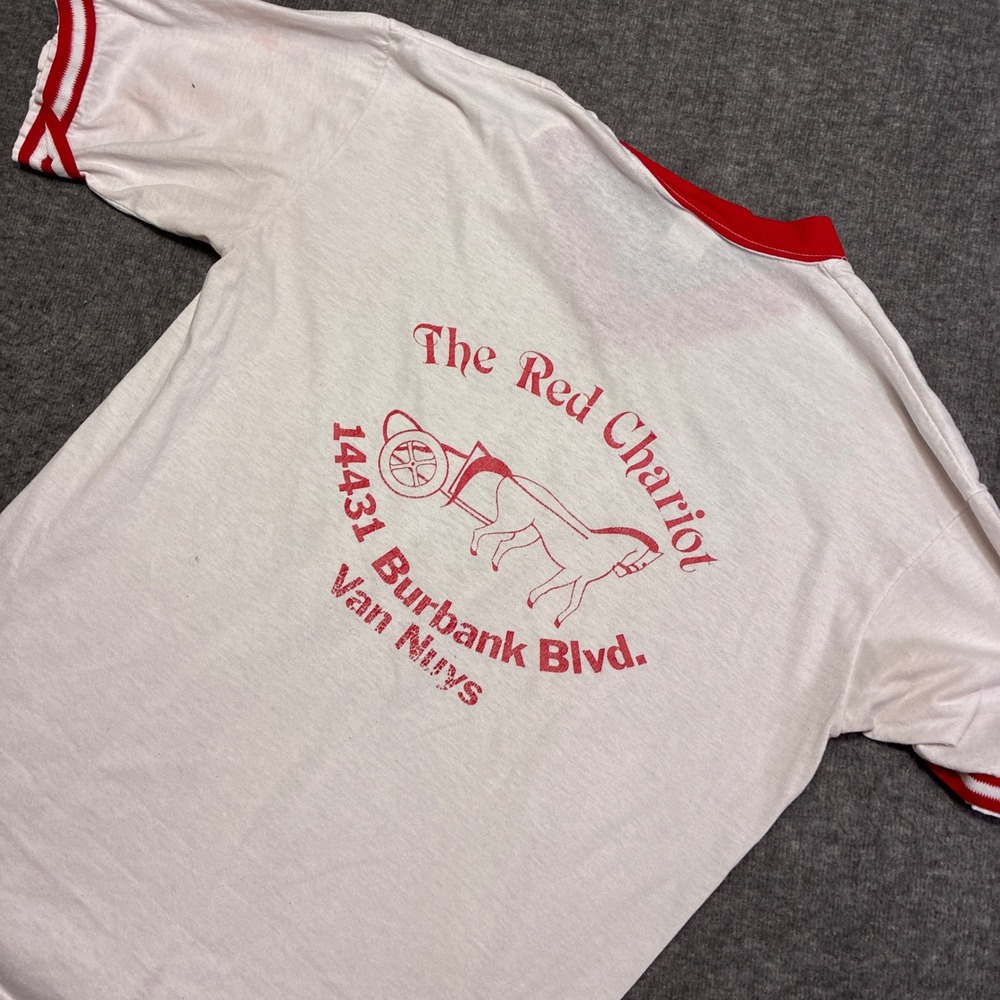 Vintage 80s Sportswear The Red Chariot Ringer T-Shirt Mens L White Red V-Neck